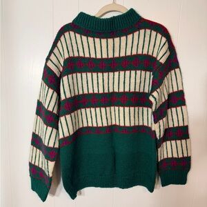 Vintage Green and Cream Striped holiday chunky knit Sweater